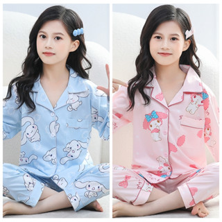 Khuyến Mãi Mới Trẻ Em Bộ Đồ Ngủ Dài Tay Phong Cách Hàn Quốc Kuromi Melody Cinnamoroll Hoạt Hình In Ve Áo Váy Ngủ Bé Gái Trẻ Em Mặc Ngủ