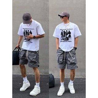 Mưa bất tận cổ điển chân dung bóng kem trắng nặng đồ cũ có men giặt áo thun ngắn tay nam mùa hè