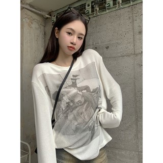 Áo thun dệt kim in họa tiết cổ điển kiểu Mỹ, thiết kế giảm béo giản dị màu trắng dành cho nữ, áo dài tay thích hợp