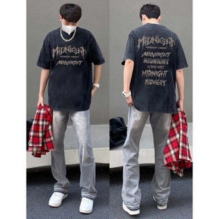 PEAR DODO Áo thun nam ngắn tay in hình cotton nặng cổ tròn dáng rộng phong cách retro giản dị