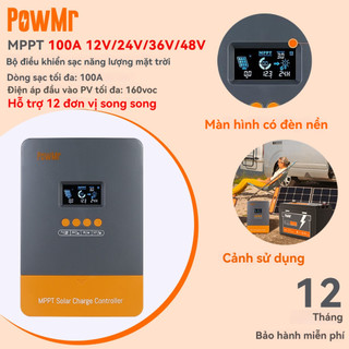 PowMr MPPT 100A 12V-48V Bộ điều khiển bộ sạc năng lượng mặt trời  Bộ điều chỉnh LCD ánh sáng đen tự động Đầu vào PV tối đa Đầu vào 160VDC Hỗ trợ pin Lifepo4 có thể song song lên đến 12 chiếc
