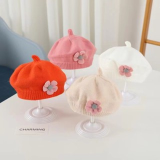 Mũ nồi hoa cho bé màu trơn Mùa đông ấm áp Mũ beanie dệt kim cho trẻ sơ sinh Bé gái Hàn Quốc Tập đi Công chúa Nghệ sĩ Họa sĩ Mũ