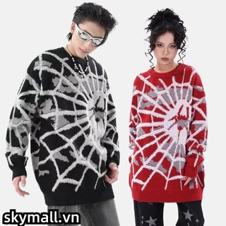 Áo sweater nam Kẻ Sọc In Hình Nhện Kiểuáo len nữ hip-hop Đường Phố áo sweater form rộng  Mỹ Cá Tính áo len nam cổ tròn