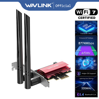 Wavlink 2024 Card mạng PCIe mới BE8800 WiFi 7, Bộ chuyển đổi không dây ba băng tần BE200 có Bluetooth 5.4, MU-MIMO, WPA3, Giá đỡ tệp thấp, Tản nhiệt, cho PC để bàn Windows 10 / 11