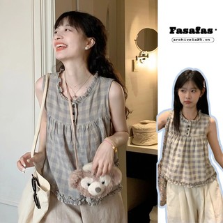 Áo sơ mi nữ Fasafas tay bay Nhật Bản dễ thương kẻ sọc cotton rộng rãi
