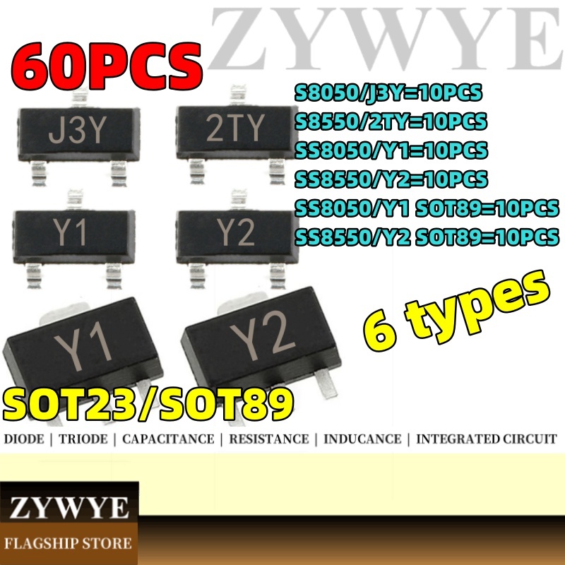 60 Miếng Dán Triode S8050 J3Y S8550 2TY SS8050 Y1 SS8550 Y2 SOT23 SOT89 Gói Mẫu Triode