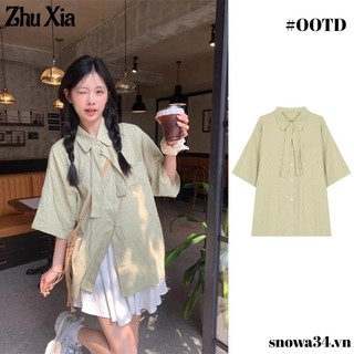 Áo sơ mi nữ Zhu Xia phong cách Nhật Bản tươi nơ xanh áo sơ mi ngắn tay mùa hè mỏng dáng rộng hàng đầu