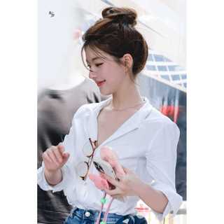77114 Áo sơ mi dài tay cổ chữ v trắng đi làm phù hợp cho người đi làm