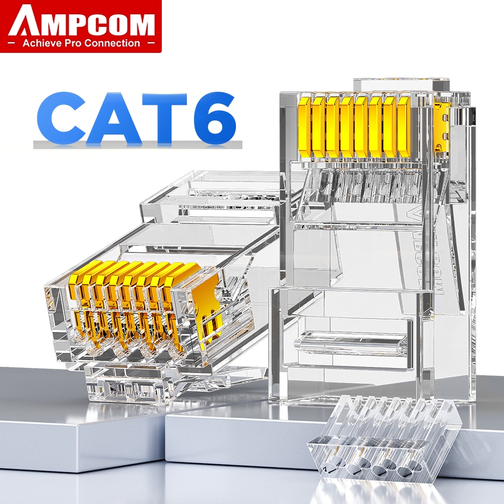AMPCOM Đầu nối RJ45 CAT6, Đầu nối Modular RJ45 UTP Mạ Vàng 30/50μ, 8P8C dùng kẹp cho cáp Ethernet - 