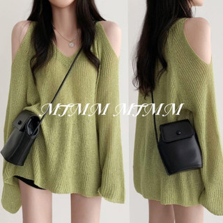 MTMM áo trễ vai nữ sweater áo len trễ vai dài tay cổ chữ V 40-70kg Áo len dệt kim dáng rộng dành cho nữ