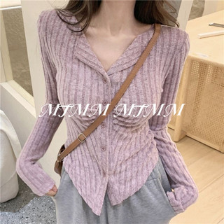 MTMM áo cardigan áo thun dệt kim tay dài Giảm Tuổi Phong Cách Dệt Kim Ve Áo Thiết Kế Mỏng-Fit