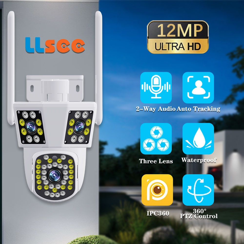 LLSEE 6K 3 Mắt Ba Hình Ảnh 12MP Không Dây Ngoài Trời CCTV Không Thấm Nước WIFI 360 Độ Theo Dõi Chuyển Động PTZ Điều Khiển Xoay IP Camera An Ninh Nhà Màu Tầm Nhìn Ban Đêm Gọi Hai Chiều