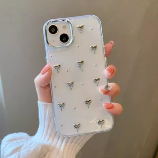 Ins Trái Tim Dễ Thương Nơ Ngọc Trai Lấp Lánh Trong Suốt Ốp lưng iPhone 15 13 14 12 11 Pro Max Plus Mạ Máy Ảnh Ốp Lưng Silicon Mềm
