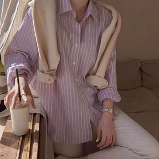 Du YAN Nhật Bản cổ điển sọc tím dài tay áo sơ mi áo sơ mi giản dị áo sơ mi nữ
