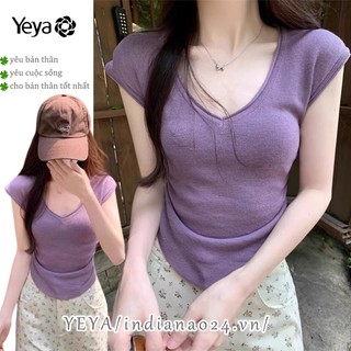 Áo thun nữ cổ chữ V YEYA màu trơn không đều tay ngắn phong cách Hàn Quốc mỏng vừa vặn Áo thun ngắn tay đa năng