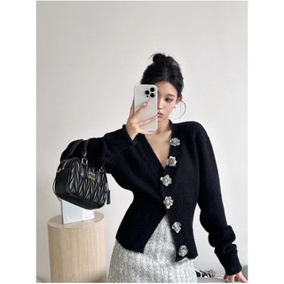 Honypove Áo len dệt kim cổ chữ V màu xanh lá cây dành cho nữ mùa thu Pháp Retro hẹp Slim-Fit Slimm
