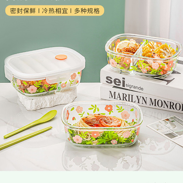 Hộp Cơm Trưa Thủy Tinh Hình Chữ Nhật Hộp Bento Kính Ngăn Hộp Cơm Trưa Chia Hộp Bento Kín Crisper Chị