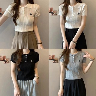 Áo len tay ngắn nữ cổ Polo có thêu chẵn màu Mẫu mới năm 2024