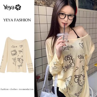 Yeya Áo thun nữ lười gió kt mèo dài tay smock với áo thun dài tay dáng rộng dễ thương