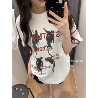 Ethelgirl Áo thun ngắn tay in hình cổ tròn màu trắng Hàn Quốc dành cho quần áo nữ