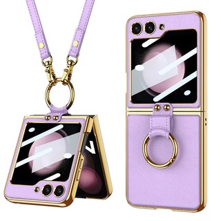 Ốp Lưng Cho Samsung Galaxy Z Flip 6 Flip 5 Flip 4 Flip 3 Sang Trọng Mạ Dây Da Vòng Đứng Bìa Cứng