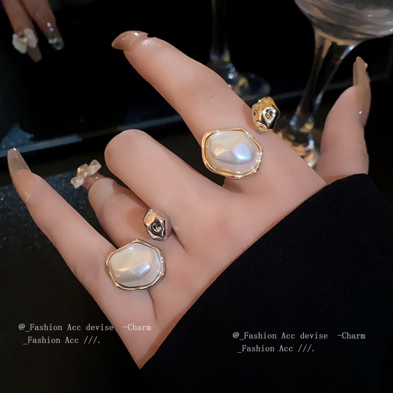 Ngọc trai mạ vàng thật hình bầu dục mở vòng nhẹ sang trọng retro khí chất ngón trỏ nhẫn thời trang cao cấp cảm giác tay trang sức bán buôn