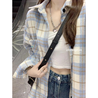 Ethelgirl retro quần áo nữ kẻ sọc áo quá khổ có cổ polo và áo sơ mi tay dài