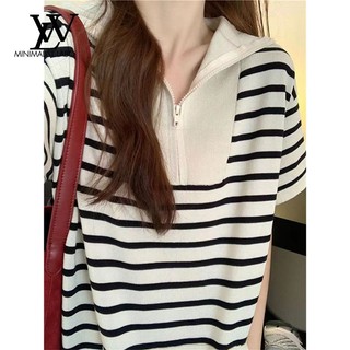 Minimalist Labo Đầm polo Dệt Kim Dáng Ngắn Họa Tiết Kẻ Sọc Thời Trang Xinh Xắn Cho Nữ