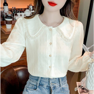  Mùa thu Phong cách mới Pháp Phong cách phương Tây Đính cườm Vòng cổ búp bê Đèn lồng tay ngắn dáng rộng mỏng hơn Áo sơ mi nữ hàng đầu