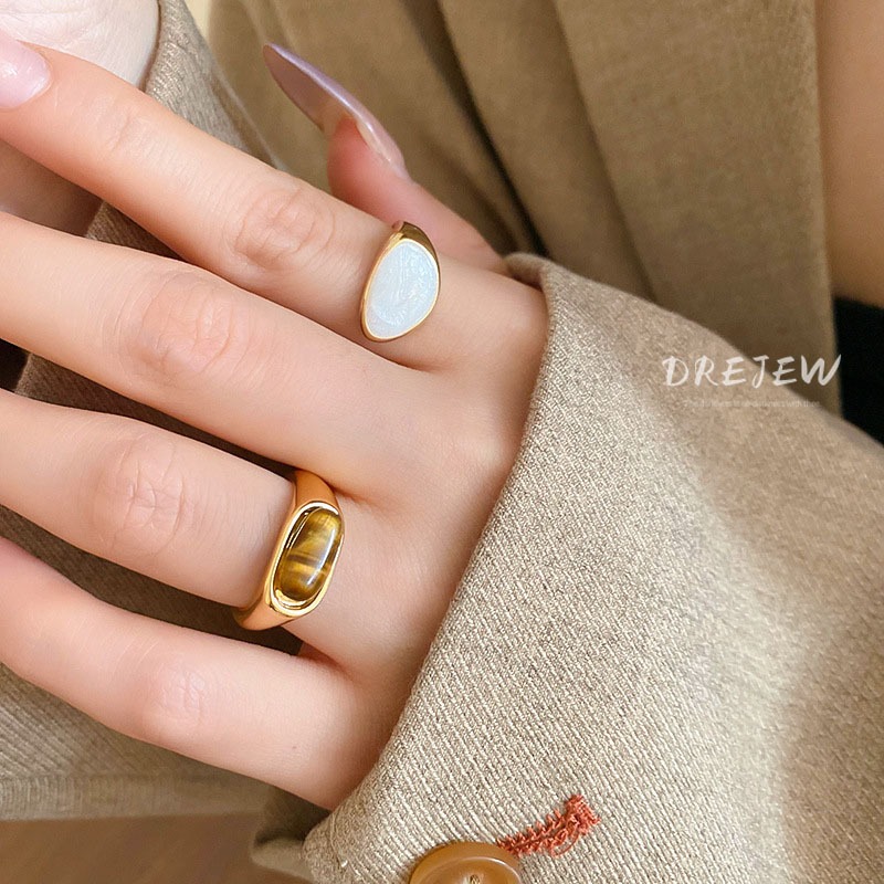 DREJEW Vàng 18k Hổ Mắt Đá Hình Bầu Dục Mở Nhẫn Ánh Sáng Sang Trọng retro Ngón Tay Chỉ Số Nhẫn Cổ Phong Cách Cao Cấp Đa Năng Tay Trang Sức