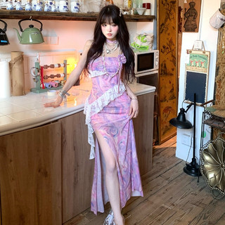 Pháp Retro Thời Trang Hoa Suspender Váy Dài Nữ Slim-fit Ren Khâu In Hình Giữa Chiều Dài Skinny