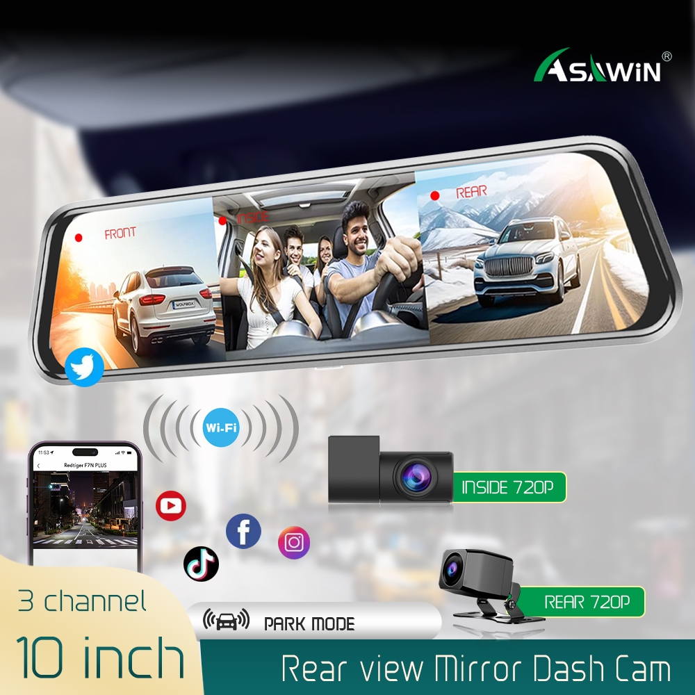 Asawin H5 Wifi 10 inch 3 Camera hành trình Gương chiếu hậu Dash Cam 3 Way Xe hơi Night Vision 24H Ch