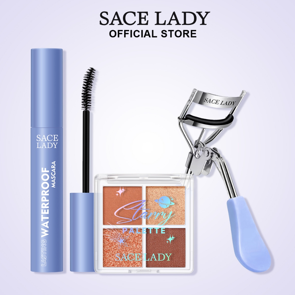 SACE LADY Set Dụng Cụ Trang Diểm Mắt Qồm Bảng Phấn Mắt 4 Màu Vỉa Mascara Vỉa Mẹp Bấm Cong Mi