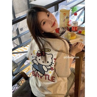 Ethelgirl Quần Áo Nữ Hàn Quốc Hello Kitty In Cổ Tròn Phù Hợp Với Áo Thun Nữ Tay Ngắn Oversize Top