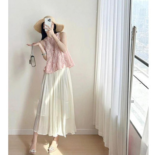 72924 Áo sơ mi dáng rộng không tay màu hồng / Váy xếp li