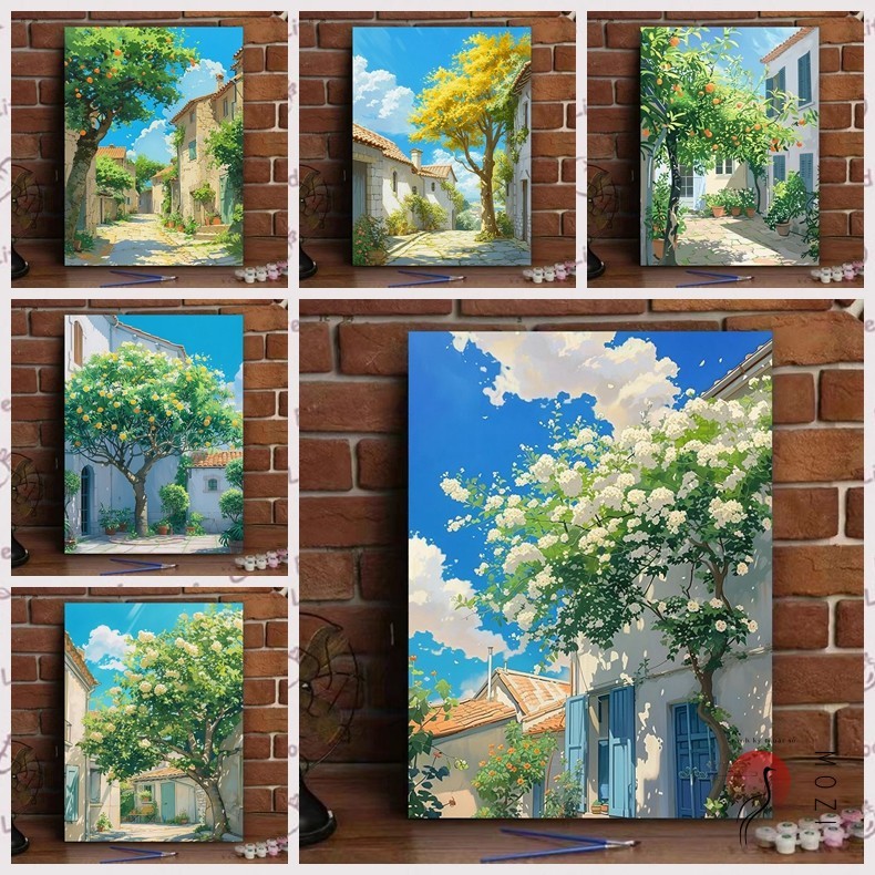 MOZI✨40 * 50cm / 30 * 40cm Khung cảnh sân nhỏ tranh số hóa tranh tô màu theo số bộ tô màu theo số tr