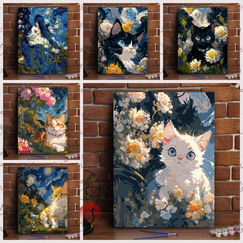 MOZI✨40 * 50cm / 30 * 40cm mèo con tranh tô màu theo số bộ tô màu theo số tranh sơn dầu số hoá tranh