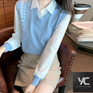  Áo sơ mi dệt kim hai mảnh giả phong cách mới Áo sơ mi nữ giảm tuổi thiết kế áo sơ mi bé gái hàng đầu
