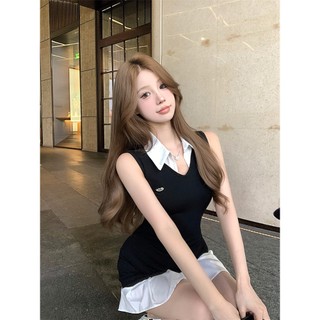 QADCOL Giả hai màu sắc tương phản Polo cổ áo levotomy váy nữ mùa hè mỏng-fit hot girl váy ngắn không tay eo váy chữ A