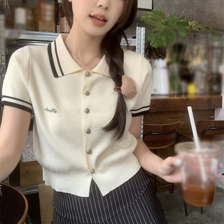 Áo thun nữ phiên bản Hàn Quốc Ve áo tương phản đa năng Phong cách đại học Ice Silk Dệt kim Hương thơm nhỏ Áo len Cardigan tay ngắn một ngực
