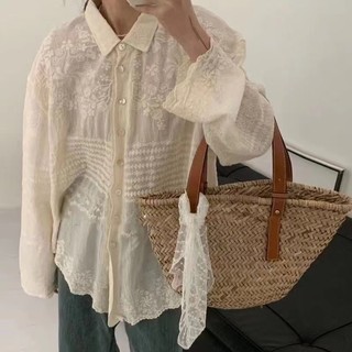 Phong Cách Hàn Quốc Nữ Nữ Rời Cotton Ren Thêu Quá Khổ Baggy Áo Sơ Mi Tay Dài Áo Baju Baju Wanita Lengan Panjang Hàng Mới Sẵn Có