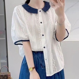 Mới Ren Jacquard Thời Trang Top Áo Sơ Mi Tay Ngắn Thiết Kế Niche 2024 Bán Chạy Rời Búp Bê Cổ Áo Sơ Mi