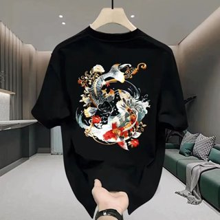 Quốc Gia Hợp Thời Trang Koi In Hình Áo Thun Nam Mùa Hè Mỏng Thoải Mái Rời Cặp Đôi Nửa Tay Áo Sơ Mi Nam Nữ Trung Quốc Nửa Tay Áo Thun Top Nam