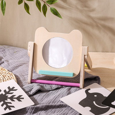 Montessori MirrorTummy Time Floor Mirror cho bé 0-12 tháng tuổi Thẻ nhận dạng hình kích thích thị giác bằng gỗ