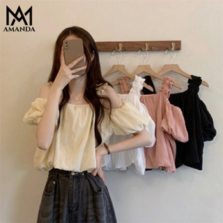 AMANDA nhiều màu Áo trễ vai tay ngắn kiểu nữ xinh hàn quốc tay bồng bigsize nữ hở vai áo sơ mi nữ