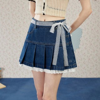 Unifree Ren Xếp Ly Váy Denim Thắt Lưng Ren