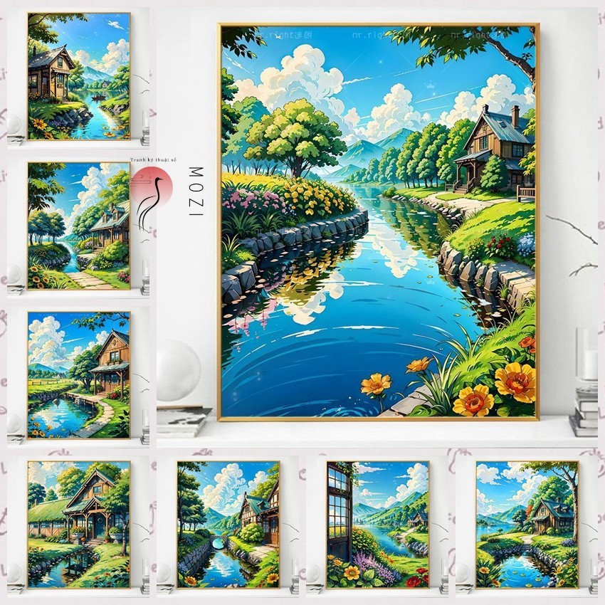 MOZI✨40 * 50cm / 30 * 40cm phong cảnh đồng quê tranh tô màu theo số tranh số hóa bộ tô màu theo số tranh sơn dầu số hoá Lakeside Cabin diy Tranh Phong Cảnh Tranh Kỹ Thuật Số Tranh Tay Tranh Làm Đầy Tranh Acrylic Tranh Trang Trí Nhà Cửa Tranh