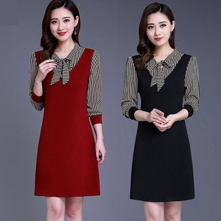 Plus Kích Thước Mùa Thu Thời Trang Nữ Midi Đầm Rời Vừa Dài Tay Cổ Chữ V Áo Sơ Mi Nối Nhân Quả Cô Gái Slim Chữ A Áo Sơ Mi Đùi Đầm Eo #350