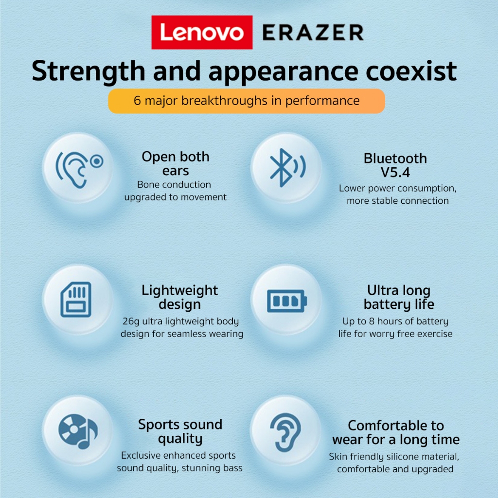 Lenovo ERAZER XF22 Tai nghe không dây dẫn truyền qua xương, tai nghe thể thao, Bluetooth 5.4i, chống nước PX5, màn hình cảm ứng, tai nghe âm thanh nổi HiFi, thời lượng pin dài, tai nghe Bluetooth không dây | BigBuy360 - bigbuy360.vn