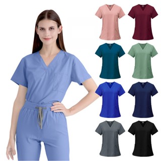 Niaahinn Thời Trang Nam Nữ Unisex Co Giãn Chống Nhăn Thoáng Khí Tẩy Tế Bào Chết Bộ Phù Hợp Với Quần Hàng Hóa Trắng Bác Sĩ Y Tá Đồng Phục 【 Áo Cổ Chữ V Tay Ngắn + Quần Jogger  